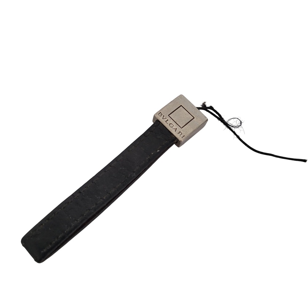 Bulgari Black Leather Zipper Pull Phone Charm Silver Logo Hardware Accessory